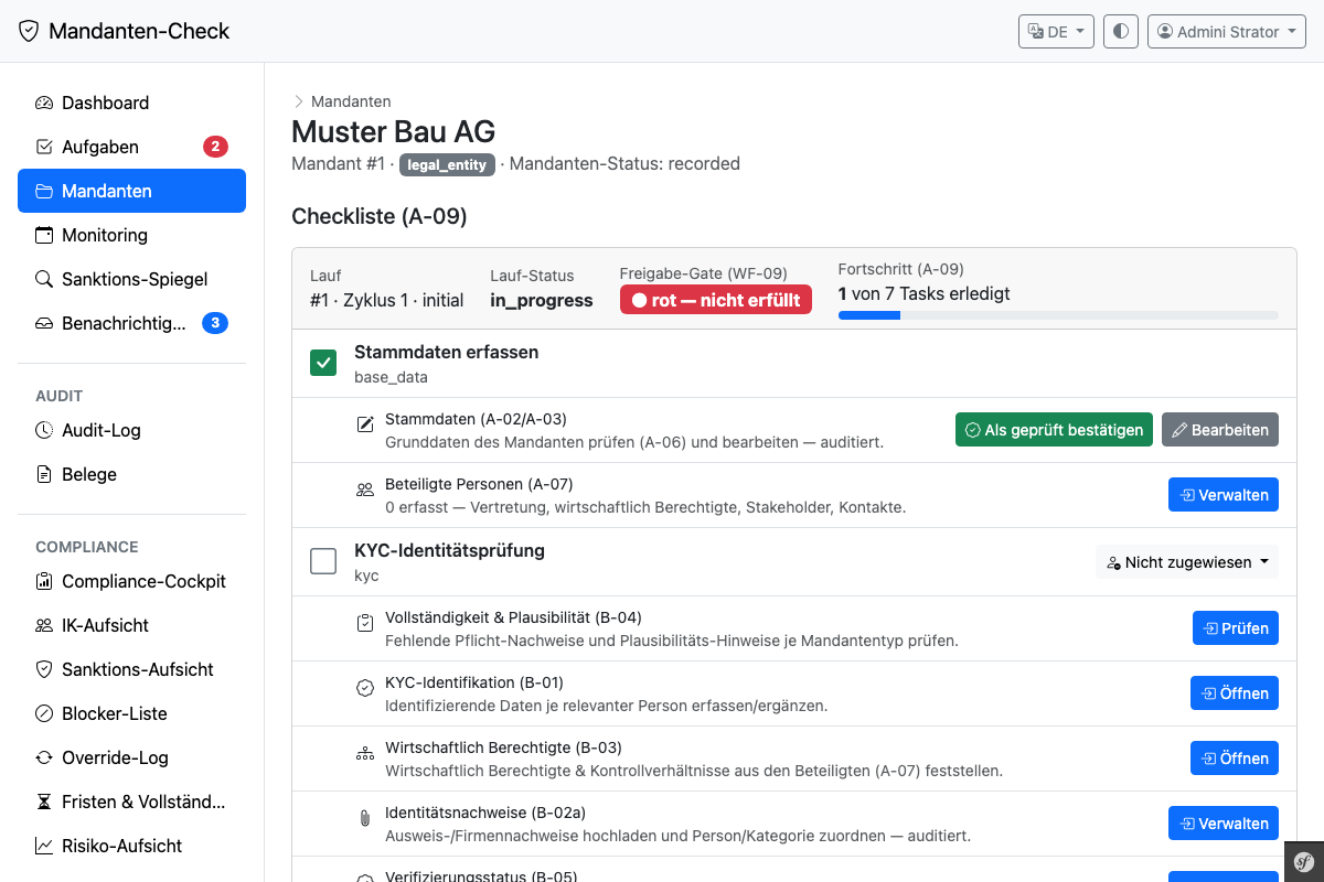 Vorschau der Mandantencheck-Anwendung: digitale Sorgfaltspflicht-Checkliste
